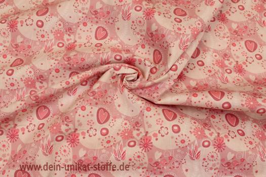 Webstoff Baumwolle Blumen Vögel rosa